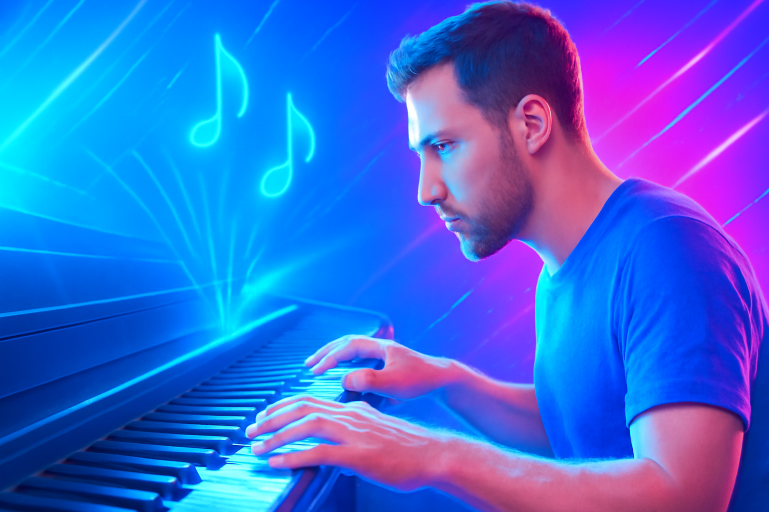 Person playing piano with musical notes